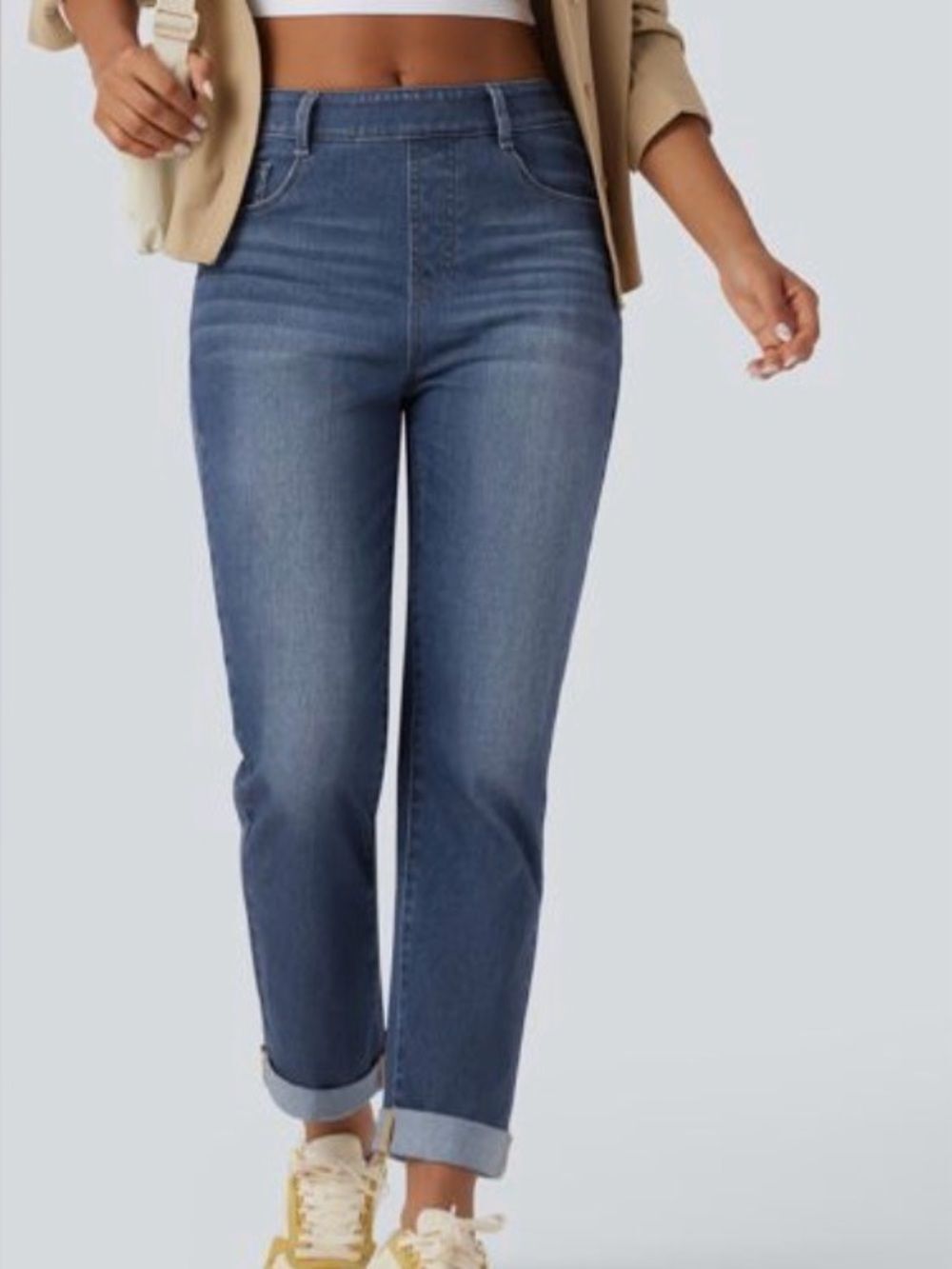 NEW Halara Flex High Waisted Jeans Womens L Large Rolled Hem Casual Slim Pockets